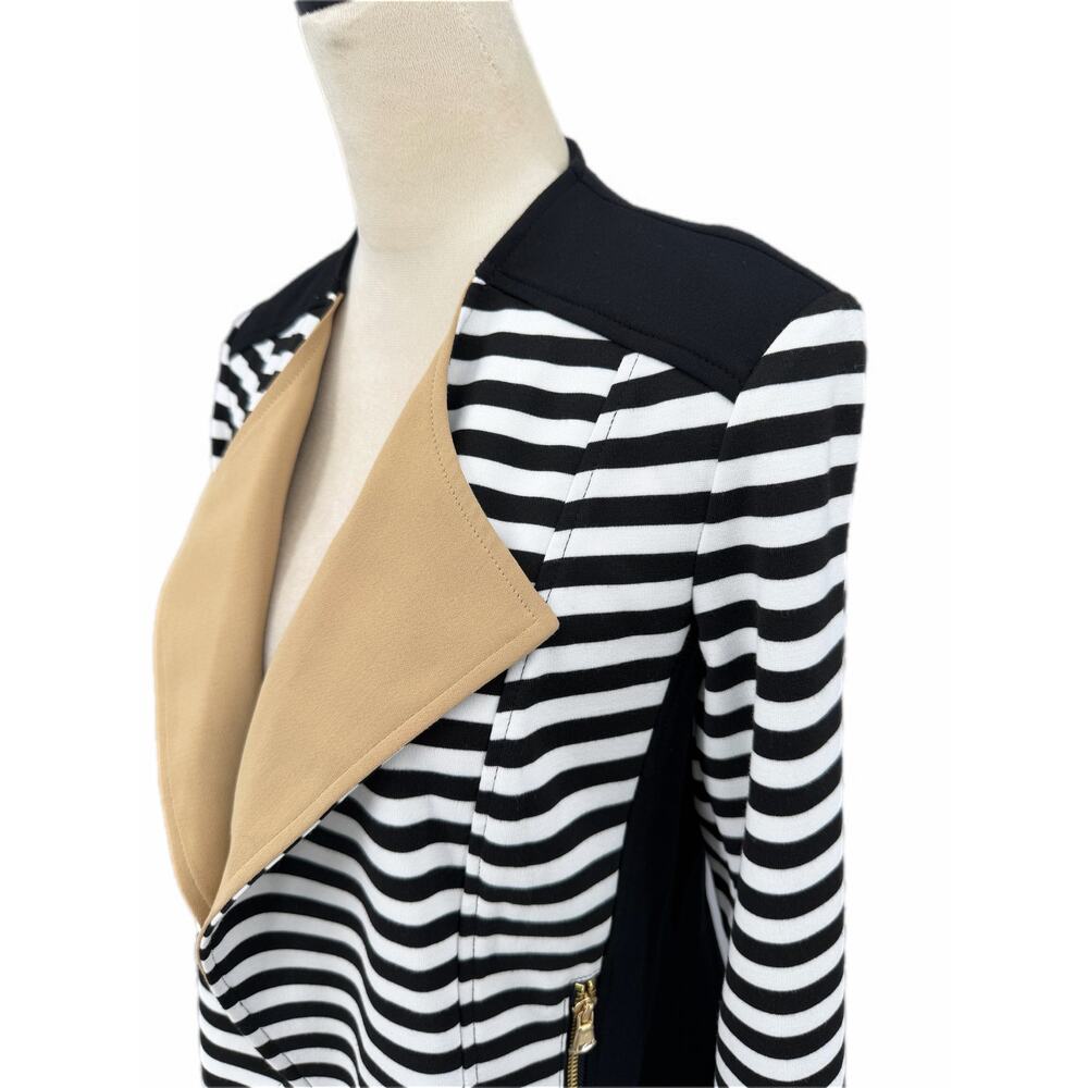 Chico’s Sz 0 Black & White Stripe Tan Ponte Knit Slim Fit Blazer Moto Jacket - Picture 5 of 12
